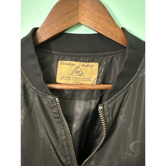 Privilege Society Black Lightweight Bomber Jacket With Subtle Patterned Logos & - Picture 3 of 8